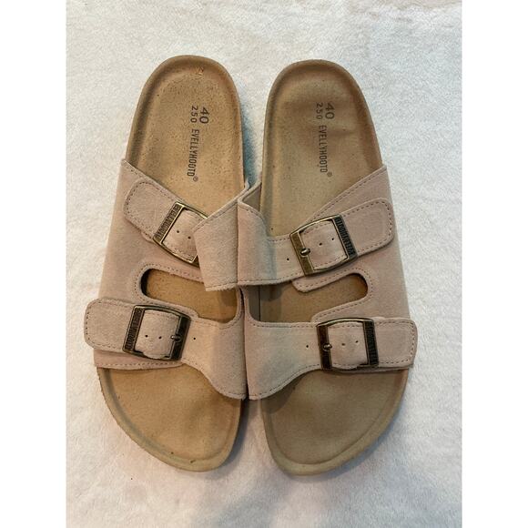 EVELLYHOOTD Dual Buckle Suede Sandals 40 Open Toe Two Straps Slides 8333 Taupe - Picture 1 of 9